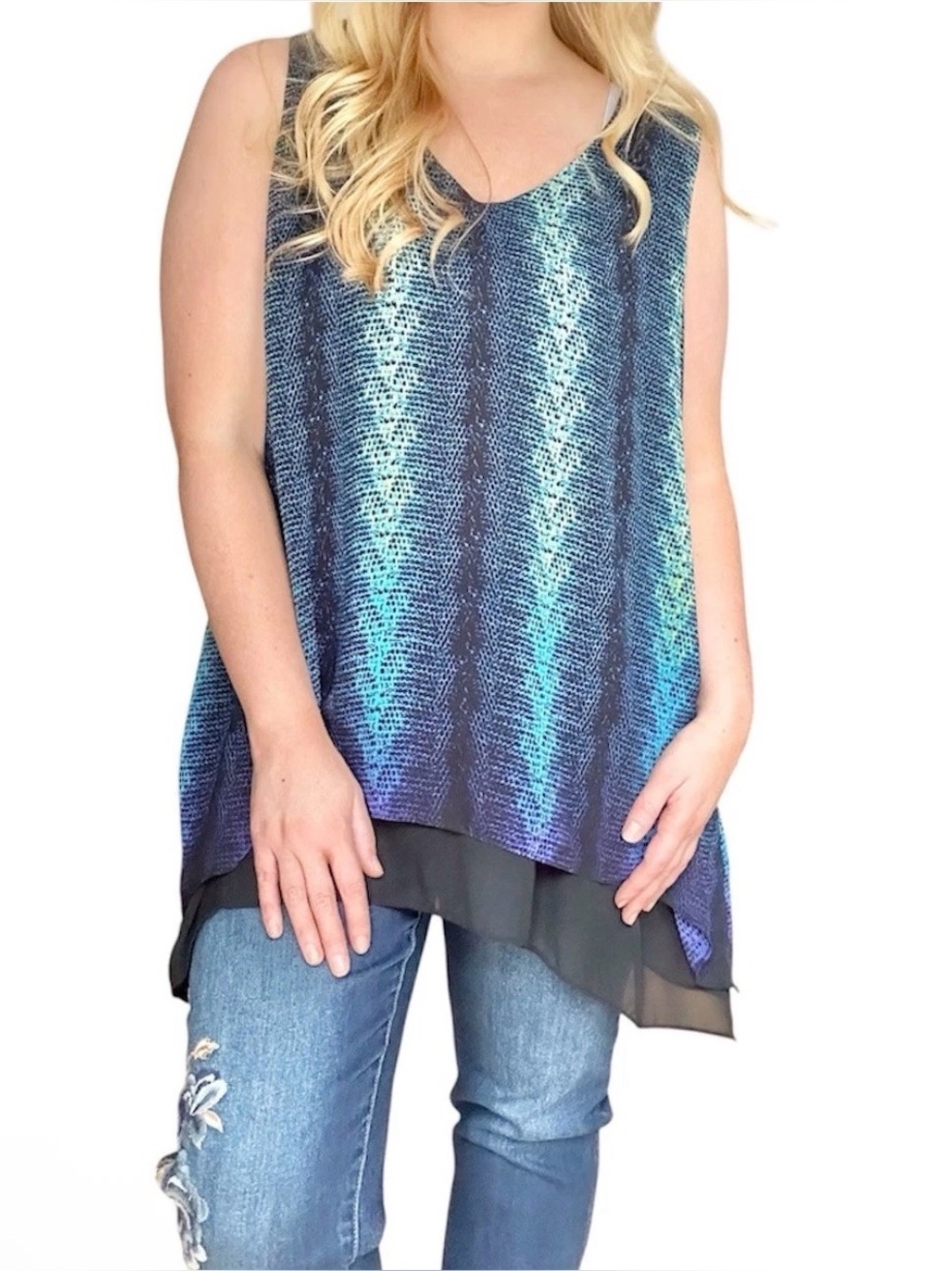 Worthington Women’s XL Sleeveless Flowy Two Tier Snakeskin Blue Top Blouse